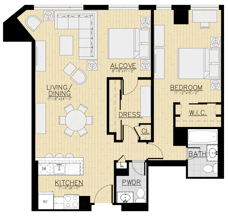 Floor plan for 1 bed, 1.5 baths, 1003 sqft